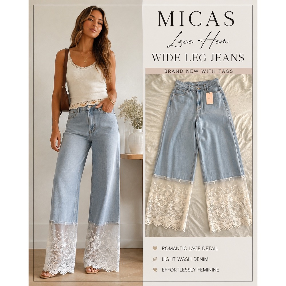 Micas NWT Lace Hem Wide Leg Jeans M Coquette Boho Embroidered Denim